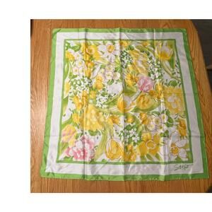 VTG S.M. Kent Spring Floral Scarf Chartreuse Yellow Pink Easter